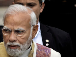 FILE PHOTO: India’s Prime Minister Modi speaks with the media inside the parliament premises on the first day of the budget session in New Delhi