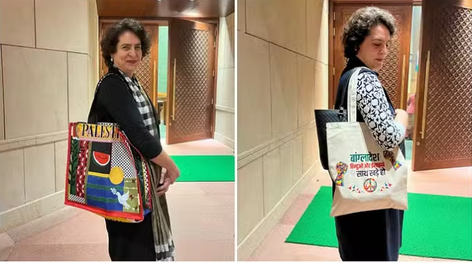પ્રિયંકા ગાંધી ‘સ્ટેન્ડ વિથ બાંગ્લાદેશના હિંદુઓ’ લખેલી બેગ લઈને સંસદ પહોંચ્યા