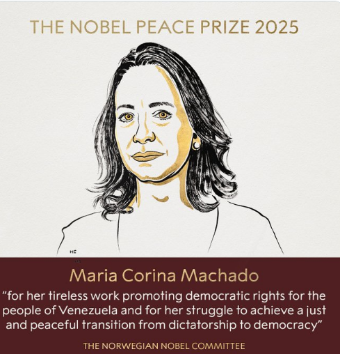 નોબલ શાંતિ પુરસ્કારની જાહેરાત, વેનેઝુએલાના વિપક્ષ નેતા મારિયા કોરિના મચોડાનું કરાશે સન્માન