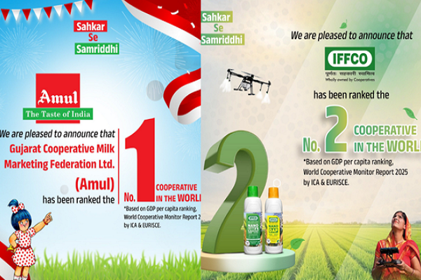 અમૂલ અને IFFCOને વિશ્વની ટોચની દસ સહકારી સંસ્થાઓમાં પ્રથમ બે સ્થાન પ્રાપ્ત થયાં