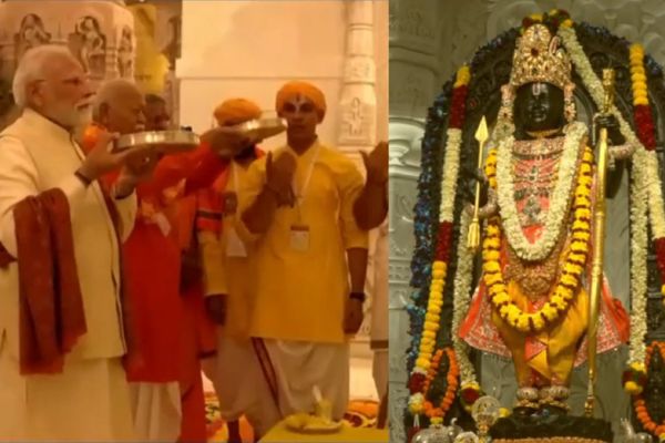 શ્રીરામ મંદિર ઉપર ધર્મ ધજા રોહણ પહેલાં રામલલાની આરતી કરી રહેલા વડાપ્રધાન નરેન્દ્ર મોદી તથા સરસંઘચાલક મોહન ભાગવત