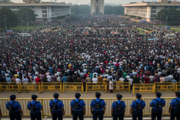 હાદીના જનાઝાને લઈ ઢાકામાં ચુસ્ત બંદોબસ્ત, સંસદ ભવન પાસે જનમેદની ઉમટી