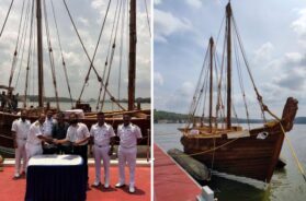 The Indian Navy’s indigenously built traditional stitched sailing vessel INSV Kaundinya sailed on her maiden overseas voyage from Porbandar, Gujarat to Muscat
