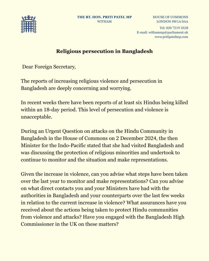 british mp priti patel's letter