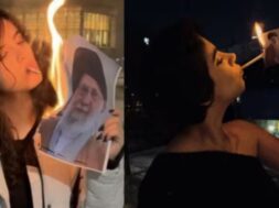 Women light cigarettes with burning posters of Khamenei
