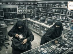 Father and son wearing burqa stole spare parts