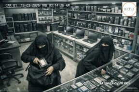 Father and son wearing burqa stole spare parts