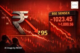 Rupee crosses 95 against dollar, stock market also hits. AI image by REVOI