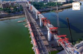Construction on Sabarmati river bridge for bullet train project in progress