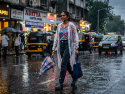 Firefly_Gemini Flash_A stylish Indian woman walking confidently on a wet city street during monsoon rain, 726326