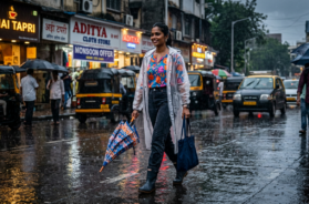 Firefly_Gemini Flash_A stylish Indian woman walking confidently on a wet city street during monsoon rain, 726326