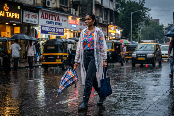 Firefly_Gemini Flash_A stylish Indian woman walking confidently on a wet city street during monsoon rain, 726326