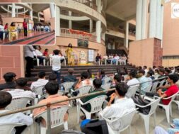 Guruvandana was performed on the occasion of Guru Purnima at Samarpan Arts and Commerce College.
