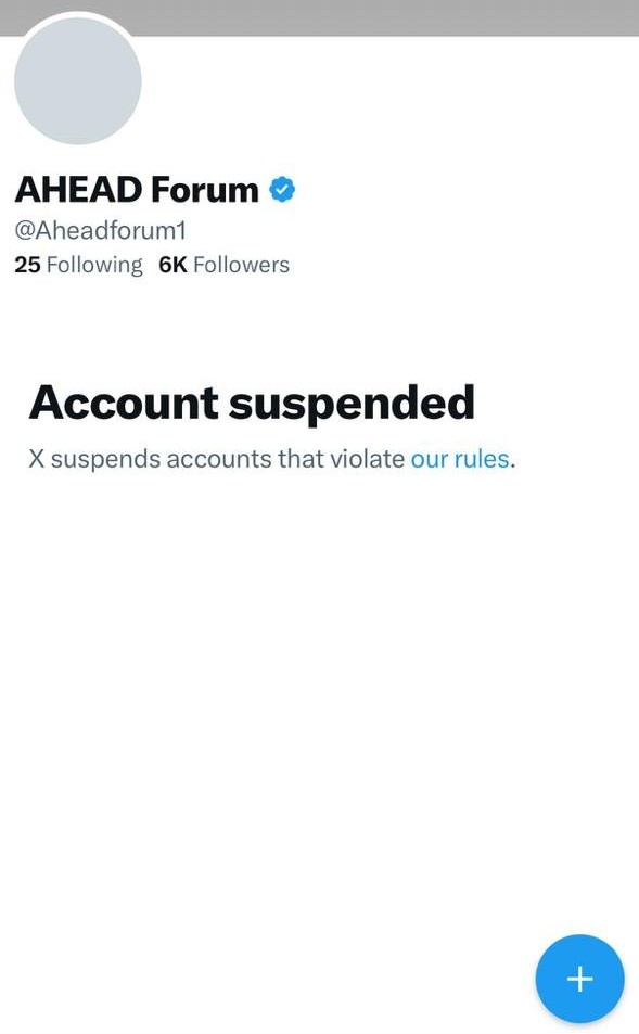 X has suspended the AHEAD Forum (@Aheadforum1
) handle ahead of the August 29 Mohan Bhagwat event in New York.