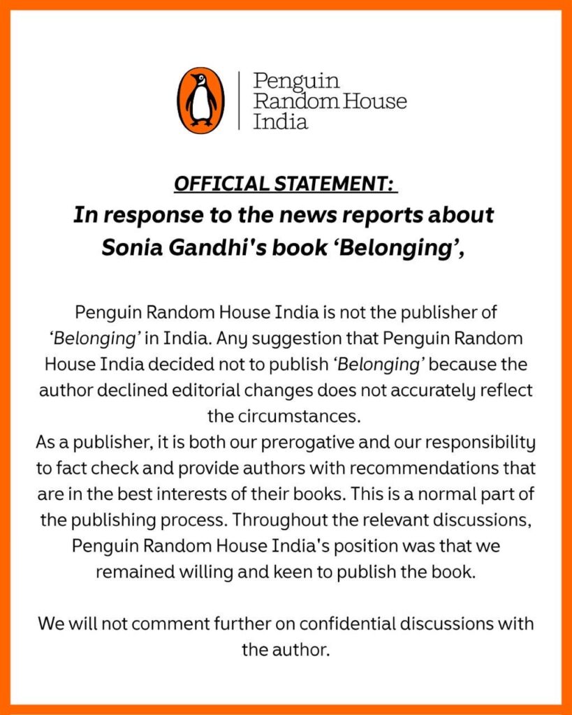 Controversy over Sonia Gandhi's autobiography, publisher Penguin India makes clarification