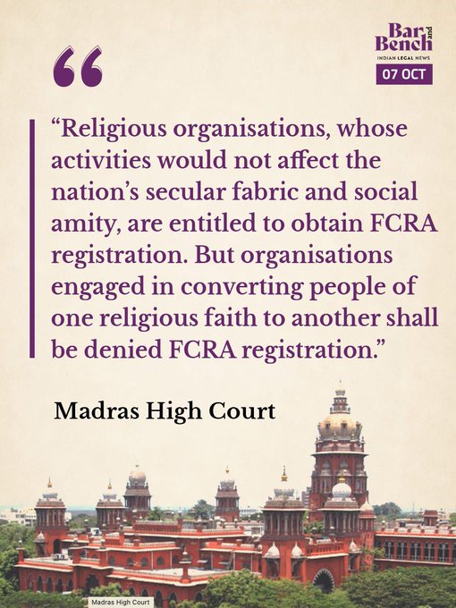 Allowing foreign funding for religious conversion would endanger the country's integrity: Madras High Court.